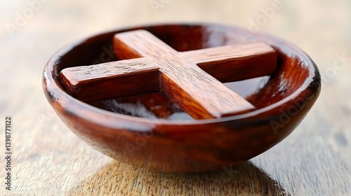 A wooden cross sits in a polished wooden bowl.