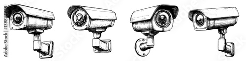 Security cameras mounted on walls in various orientations capturing surveillance activity in a modern urban environment