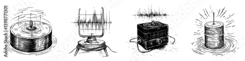 Artistic representation of sound waves and recording equipment displayed in a retro style at a graphic design exhibition