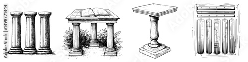 Sketches of ancient columns, tables, and musical instruments in an outdoor setting