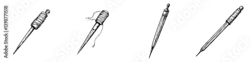 Detailed illustrations of sewing tools showcasing various types of needles and threads arranged in sequential order