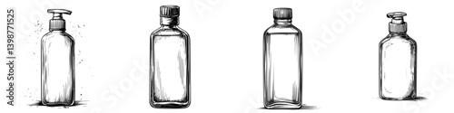 Collection of transparent bottles showcasing varied designs suitable for packaging diverse liquids and solutions in a minimalist style