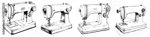 Different models of vintage sewing machines line up on a white background showcasing their unique designs and features from various decades