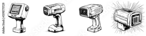 Different types of futuristic scanning devices presented in a hand-drawn style showing various angles and designs