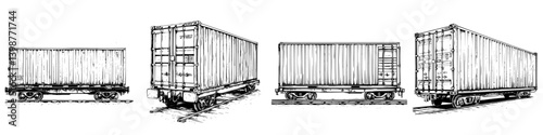 Detailed illustrations of cargo containers on railway cars in a transport setting
