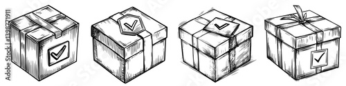 Delivery boxes stacked with check marks, symbolizing completed tasks and organized shipping process