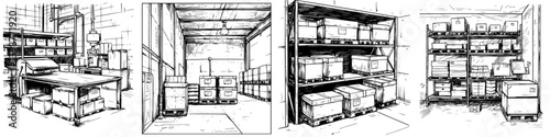 Storage area with stacked boxes and a workspace showing organization and inventory management in an industrial setting