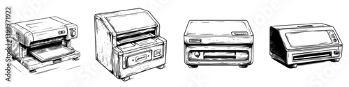 Vintage kitchen appliances in a sketch style showcasing classic designs and functionality for home cooking