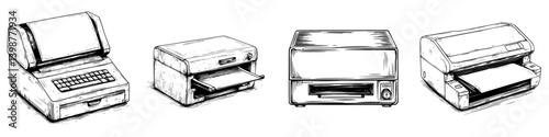 Vintage computer and printer illustrations showcasing the evolution of technology from past to present