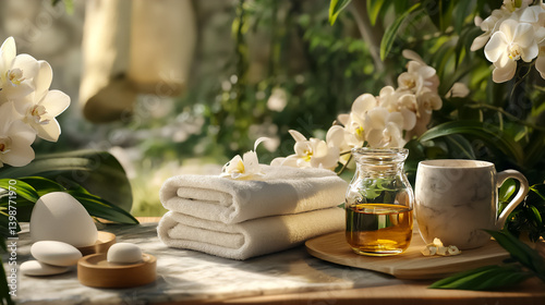 Relaxing spa getaway with soft towels, soothing oils, and blooming orchids in a serene natural setting