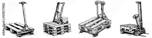 Different types of pallet jacks and wooden pallets in a warehouse setting during daytime