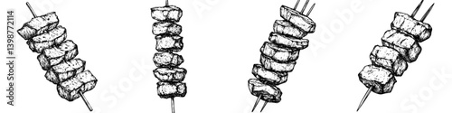 Grilled skewers filled with seasoned meat prepared for a summer barbecue gathering outdoors