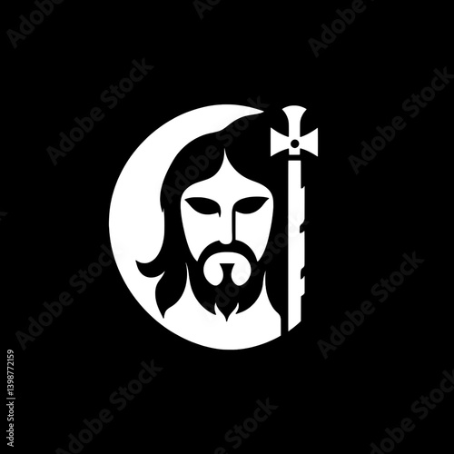 Minimalist logo design featuring a stylized figure with a cross, representing faith and spirituality, rendered in black and white