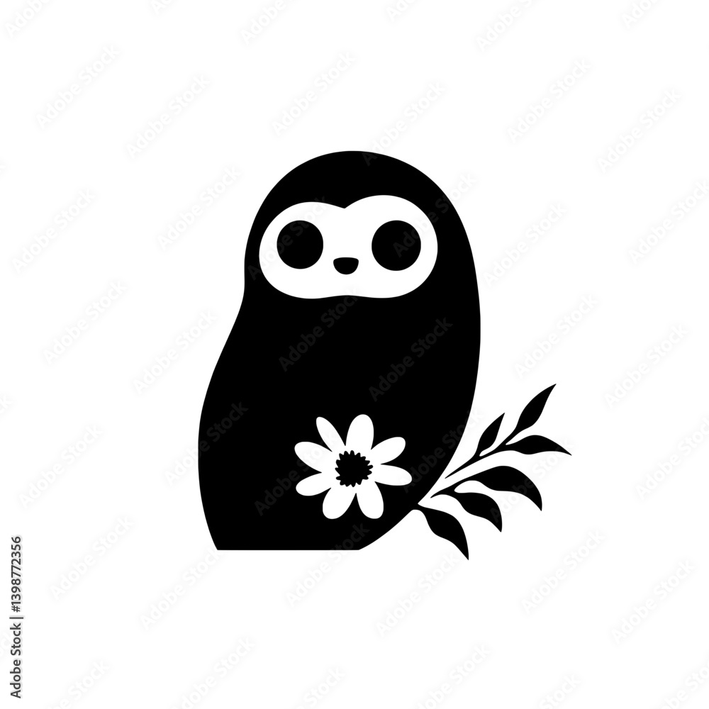 Obraz premium Minimalist owl icon featuring floral elements in a black and white vector design suitable for various applications