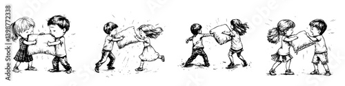 Children engage in a playful pillow fight outdoors during a sunny afternoon in a park