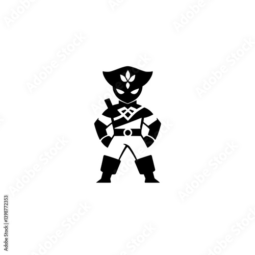 Minimalist vector logo featuring a stylized superhero character in black and white design