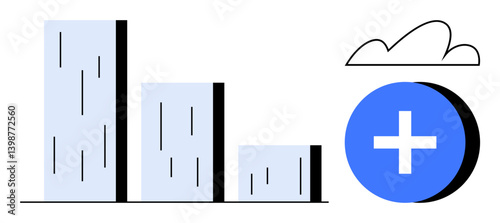 Tall bar chart showing levels next to a large blue plus sign and a cloud shape. Ideal for data analysis trends, growth, progress, report, insights, technology, flat simple metaphor