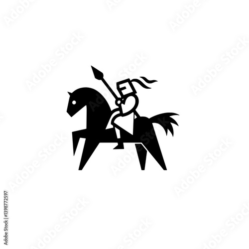 Minimalist knight on horseback icon with spear in black and white vector design suitable for various applications