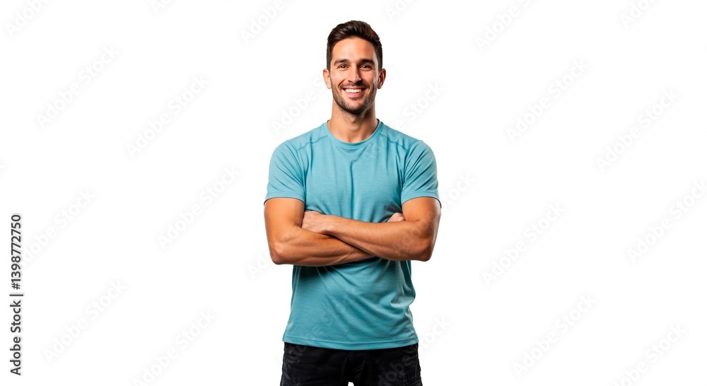 A smiling man poses confidently with his arms crossed, radiating positivity and self-assurance against a stark white background, promoting trust. A smiling man poses confidently with his arms crossed, radiating positivity and self-assurance against a stark white background, promoting trust.