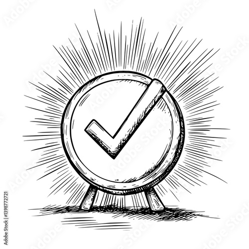 Success symbol illustrated with a circular checkmark and radiating lines conveying achievement and positivity