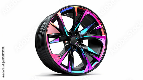 Stylish black alloy wheel with a vibrant cosmic color design, isolated on a white background. Cosmic Alloy. Illustration