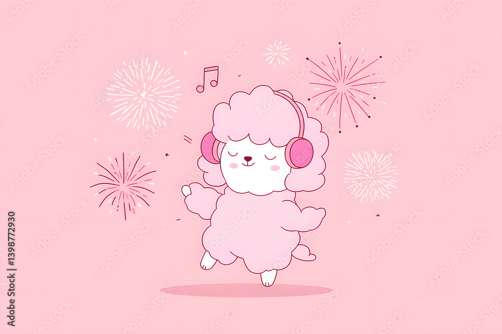 Dancing sheep character with headphones celebrating under colorful fireworks on a pink background
