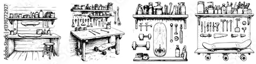 Detailed workshop setup showcasing tools and skateboards in a creative space for crafting and repairs