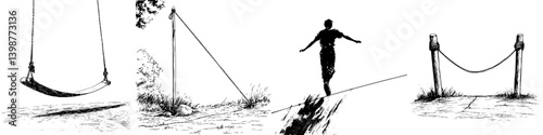 Balance and freedom in the park at dusk as a child plays on a swing and a person walks the tightrope