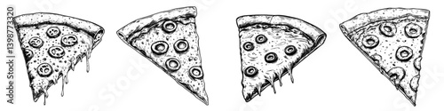 Different slices of pizza featuring olives and cheese on a white background ready for a delicious meal