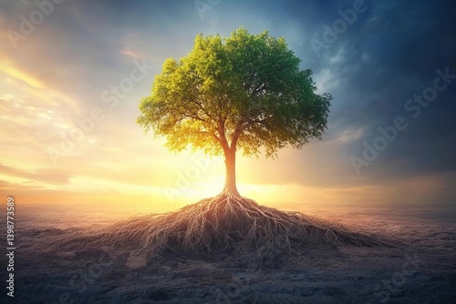Resilient lone tree stands tall with deep roots, symbolizing strength and perseverance in the face of adversity
