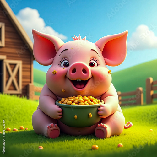 pig in the grass eating Corn 