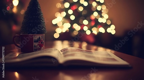 A cozy christmas scene with a christmas tree and a book.
