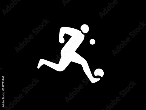 Dynamic silhouette of a running player with a ball in a minimalist design featuring black and white colors