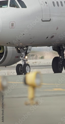 A sidefront view of a turning gently along a runway, showing the aircrafts nose, cockpit, and landing gear in smooth motion. Ground lights blur in foreground.. reflecting the structure and choreograph