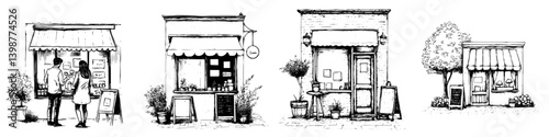 Charming sketch of four storefronts showcasing various styles and activities in a lively market area