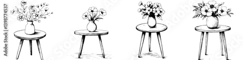 Display of flower vases on simple wooden tables in a minimalist artistic arrangement showcasing nature&#39;s beauty