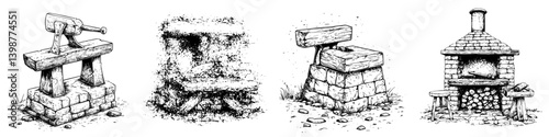 Artisan tools and structures for traditional craftsmanship showcased in detailed sketches