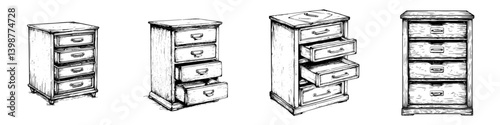 Different styles of wooden cabinets with drawers displayed on a white background, showcasing various designs and craftsmanship techniques