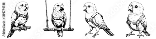 Illustrations of parakeets with harnesses showcasing their playful activities in various positions and settings