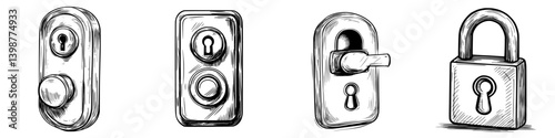 Various designs of locks and keyholes for security applications in modern architecture