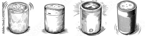 Various designs of smart speakers showcasing distinct features and styles in a monochrome illustration