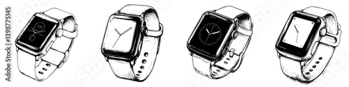 Sketch of modern smartwatches showcasing different designs and watch faces with a minimalist style