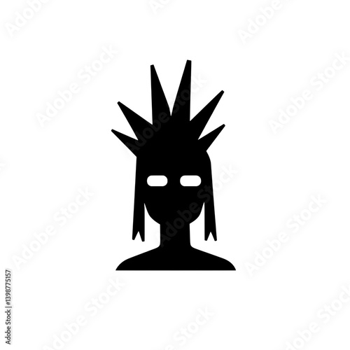 Minimalist vector logo design of a stylized punk character with a mohawk and mask in black and white color scheme