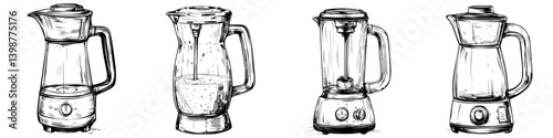Various styles of glass blenders displayed side by side, showcasing unique designs and features