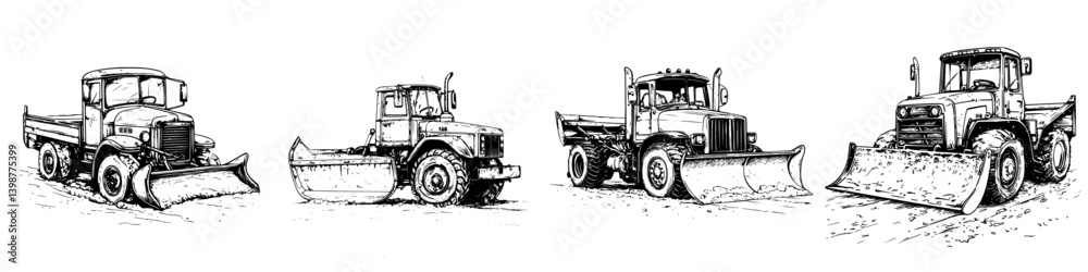 Obraz premium Different models of snowplows lined up on a snowy road during winter in a rural setting