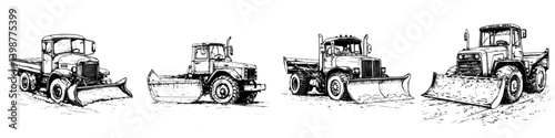 Different models of snowplows lined up on a snowy road during winter in a rural setting
