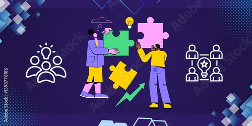 People Team Work Business Concept Design on Blue Background Illustration Vector. Trendy Professional Teamwork Concept Banner. Person, Group, Workflow, Company, Cooperation, Puzzle, Solution, Top View