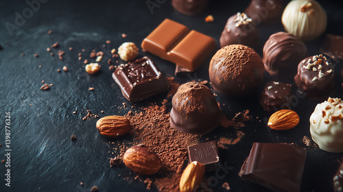 Indulgent chocolate treats scattered on a dark slate surface capture the essence of sweet decadence and artisanal craftsmanship