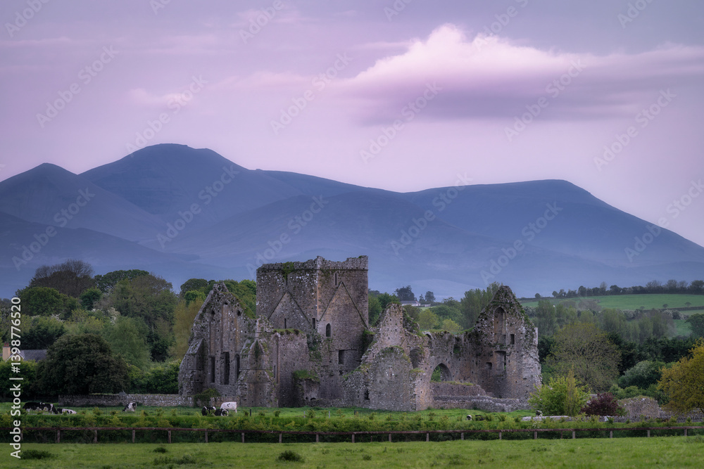 Venture into the hauntingly beautiful sites of ancient ruins of Hore Abbey, beautifully nestled among the rolling hills and imposing mountains in the tranquil Irish countryside, Tipperary, Ireland