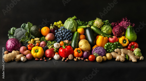 Colorful fresh vegetables and fruits arranged on a dark surface, showcasing nature's vibrant bounty in a beautiful display